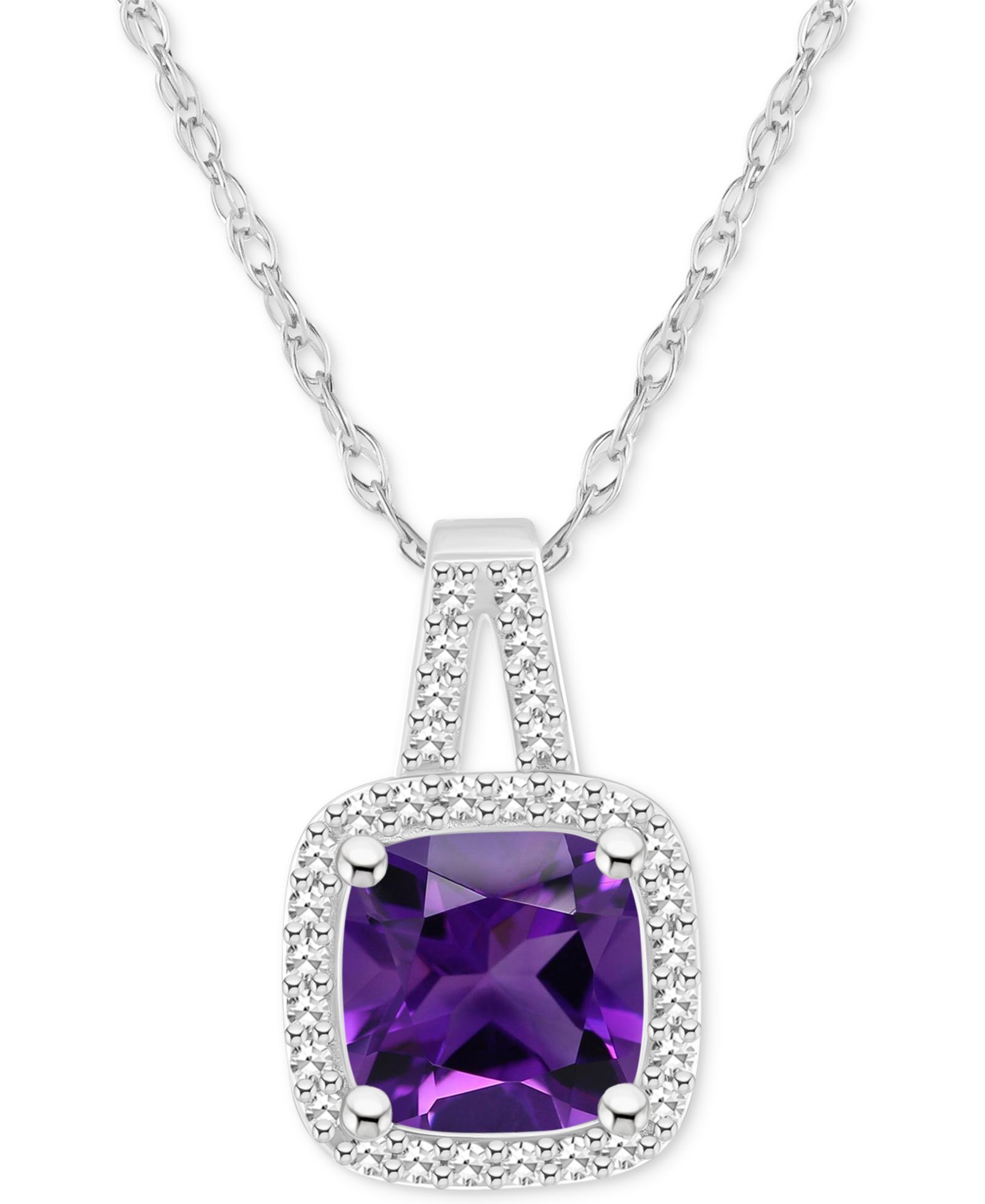 Amethyst (1-1/2 ct. t.w.) & Diamond (1/6 ct. t.w.) Cushion Halo 18" Pendant Necklace in Sterling Silver (Also in Citrine, Garnet, Peridot, & Blue Topaz)