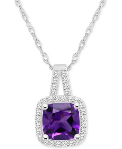 Amethyst (1-1/2 ct. t.w.) & Diamond (1/6 ct. t.w.) Cushion Halo 18" Pendant Necklace in Sterling Silver (Also in Citrine, Garnet, Peridot, & Blue Topaz)