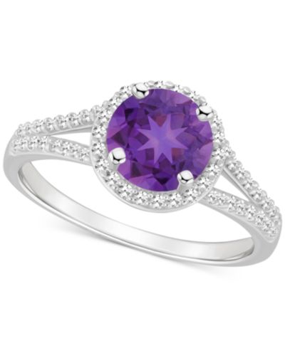 Amethyst (1-1/4 ct. t.w.) & Diamond (1/4 ct. t.w.) Halo Split Shank Ring in Sterling Silver (Also in Citrine, Garnet, Peridot, & Blue Topaz)
