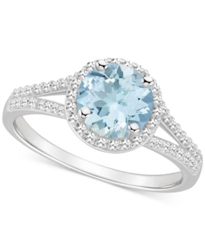Кольцо с аквамарином (1-1/4 ct. t.w.) и бриллиантом (1/4 ct. t.w.) Halo Split Shank в стерлинговом серебре