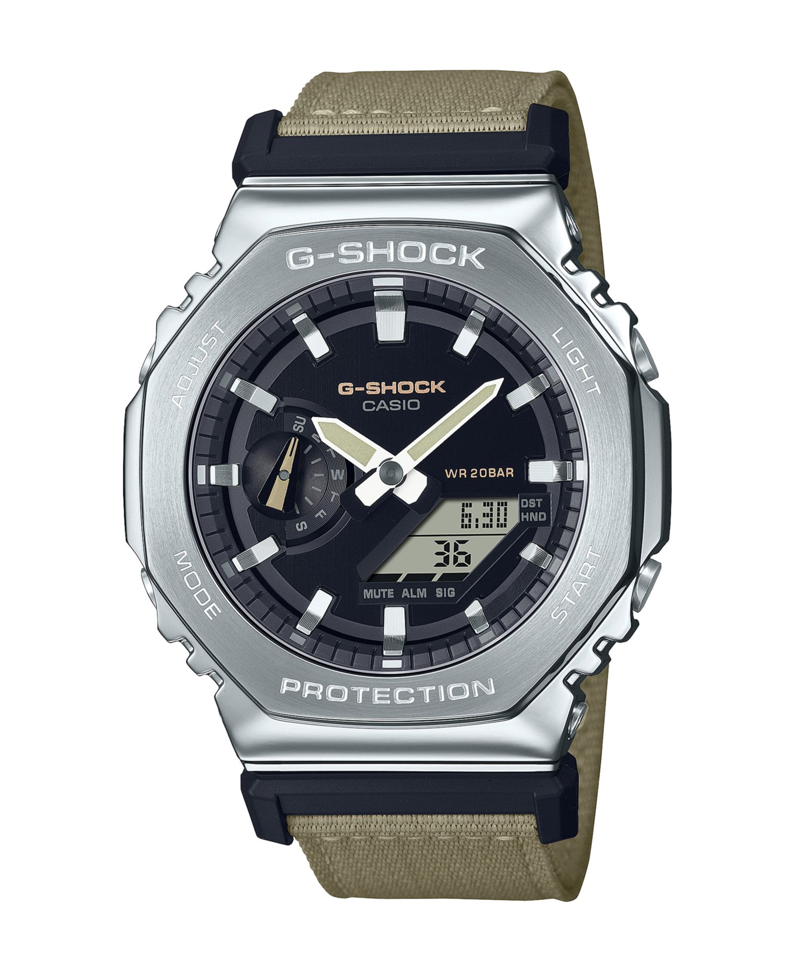 G-Shock Мужские аналого-цифровые часы с металлическим корпусом, бежевый тканевый ремешок, 44.4mm, GM2100C-5A