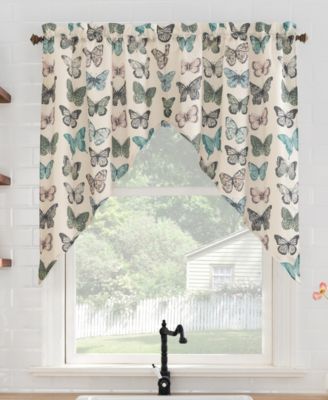 Magdalena Butterfly Print Sheer Rod Pocket Kitchen Curtain Swag Pair