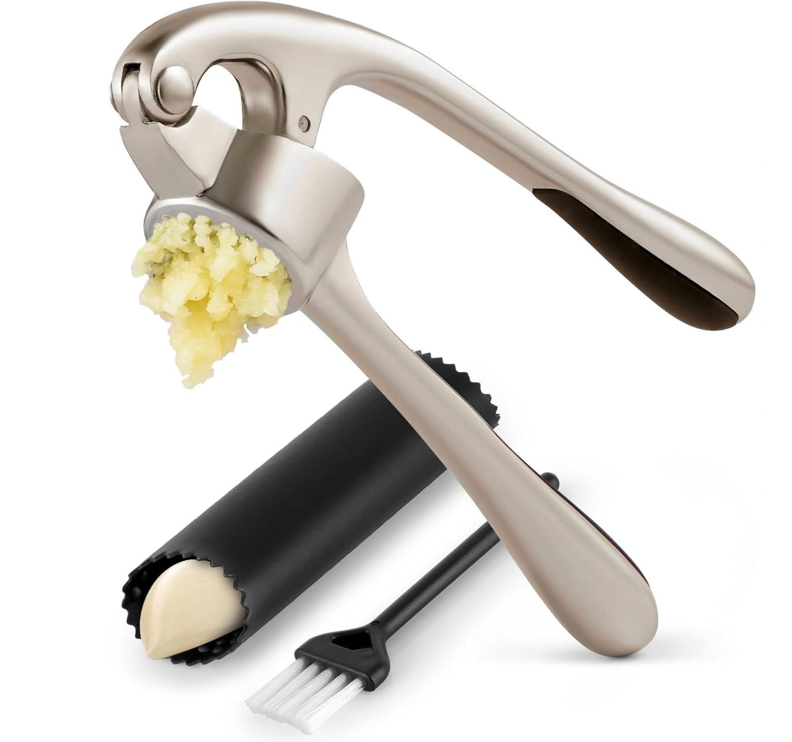 Zulay Kitchen Easy Squeeze Garlic Press Set Stainless Steel with Peeler & Brush