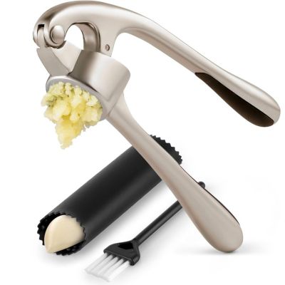 Zulay Kitchen Easy Squeeze Garlic Press Set Stainless Steel with Peeler & Brush