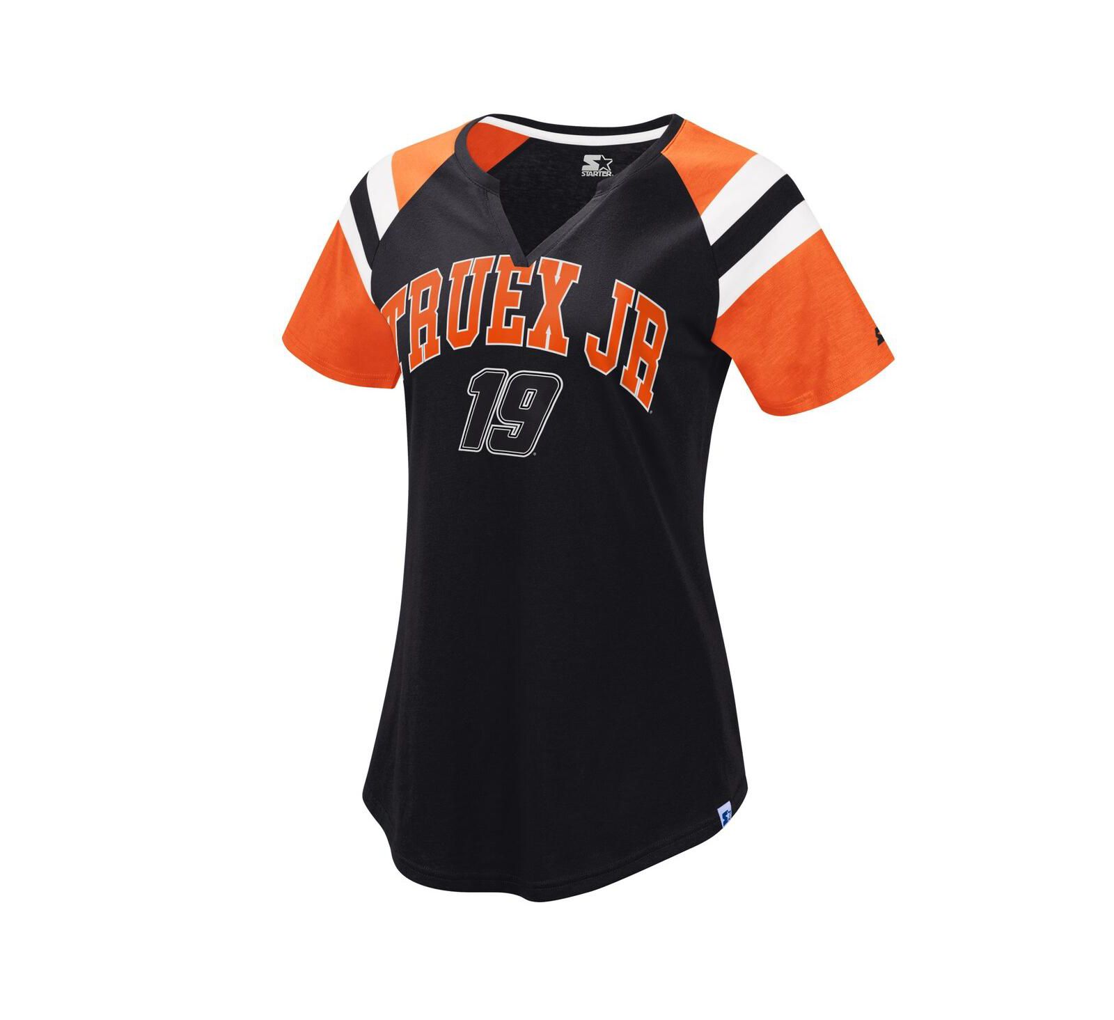 Women's Starter Black, Orange Martin Truex Jr Game On Notch V-Neck T-shirt