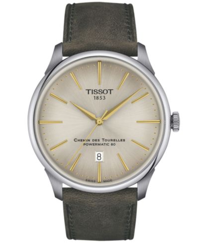 Tissot Men's Swiss Automatic Chemin des Tourelles Powermatic 80 Green Leather Strap Watch 42mm