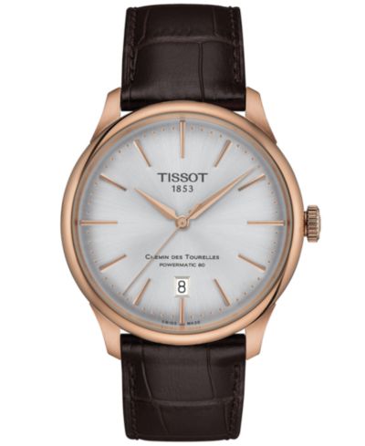 Tissot унисекс швейцарские автоматические часы Chemin des Tourelles Powermatic 80 с темным кожаным ремешком, 39 мм