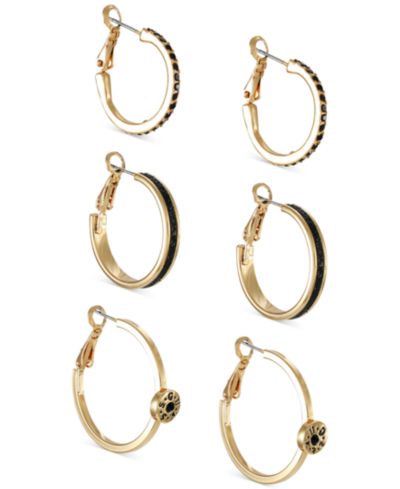 GUESS Gold-Tone 3-Pc. Set Jet Pavé & Glitter Hoop Earrings