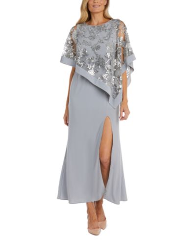 R & M Richards Women's Sequinned Floral-Lace-Poncho Gown