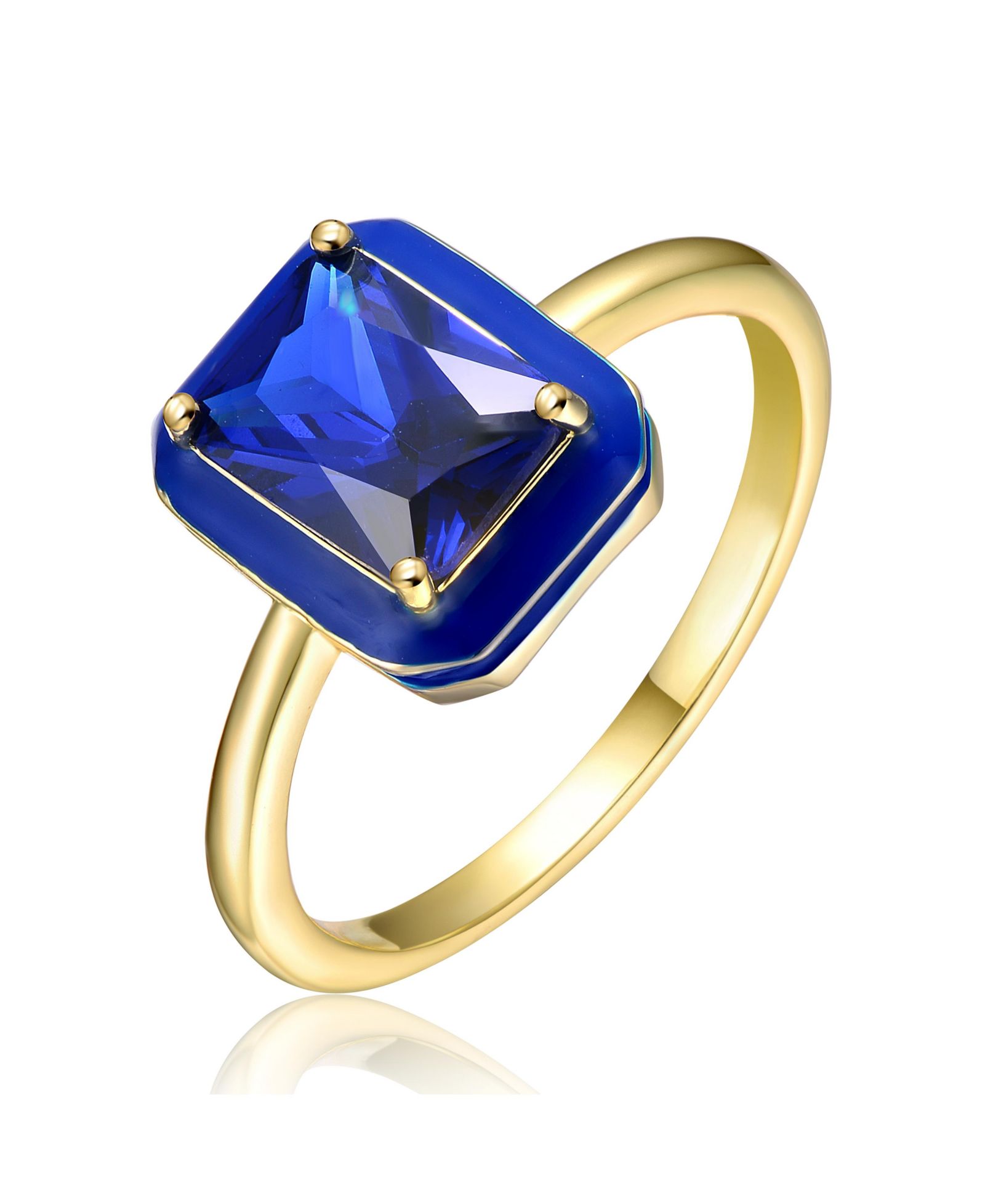 RA 14k Yellow Gold Plated with Blue Cubic Zirconia Blue Enamel Radiant Halo Ring