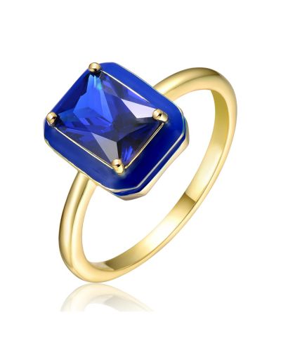 RA 14k Yellow Gold Plated with Blue Cubic Zirconia Blue Enamel Radiant Halo Ring