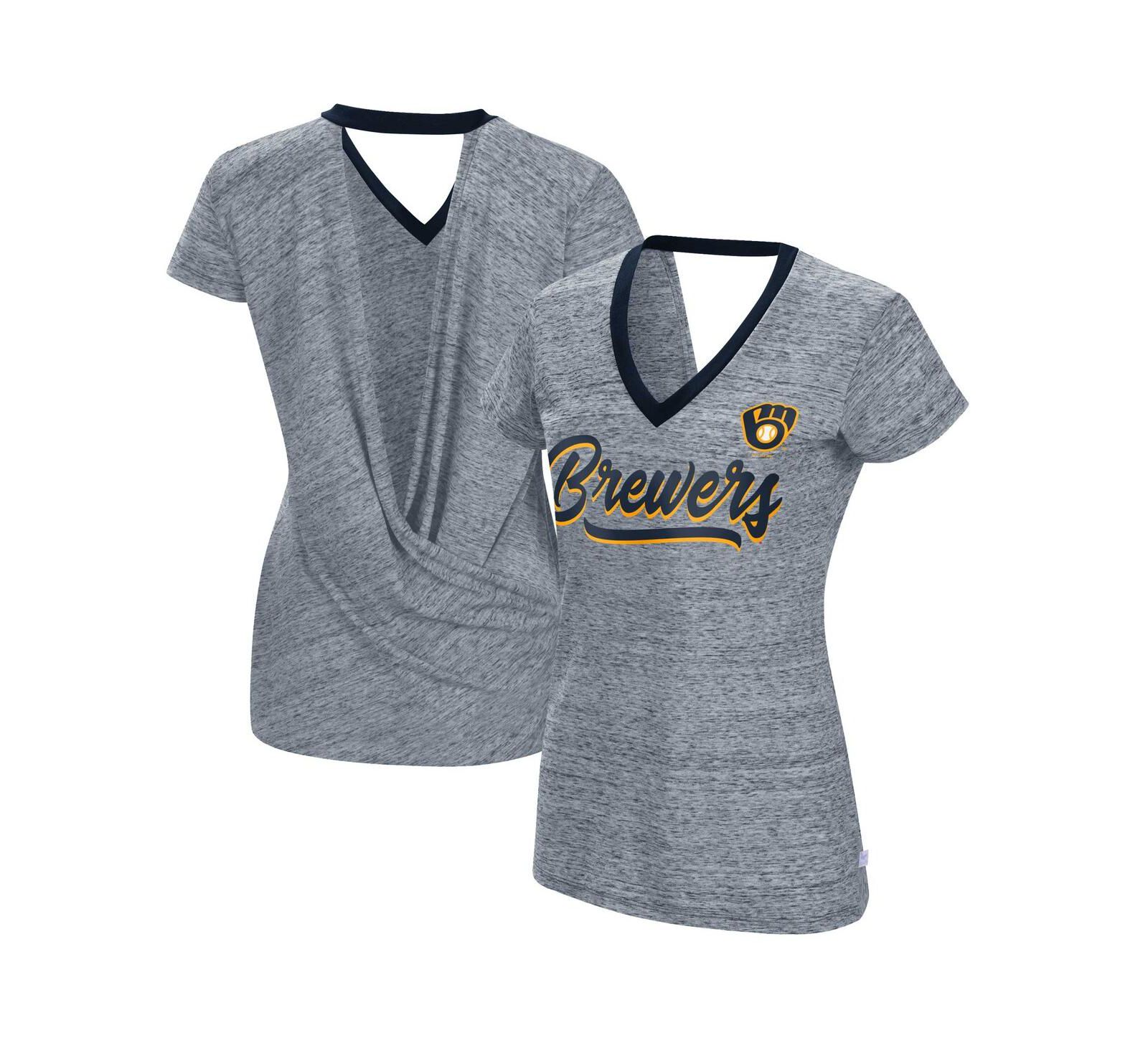 Women's Touch Navy Milwaukee Brewers Halftime Back Wrap Top V-Neck T-shirt