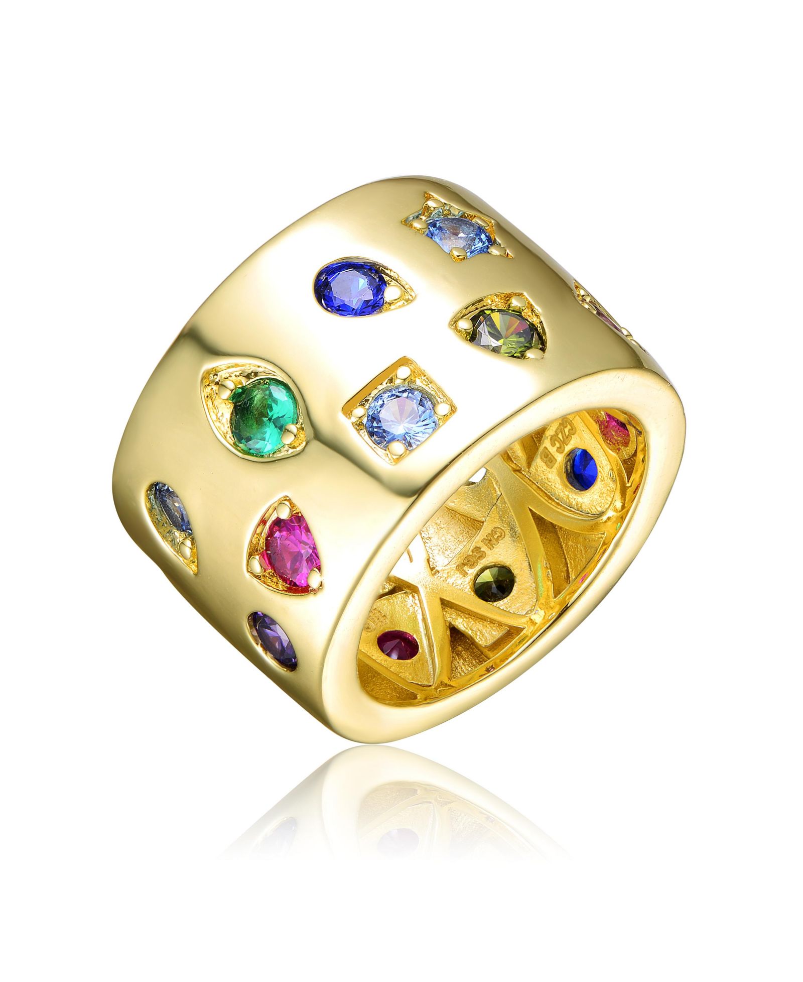Rachel Glauber 14K Gold Plated Vibrant Multi Color CZ Wide Band Ring