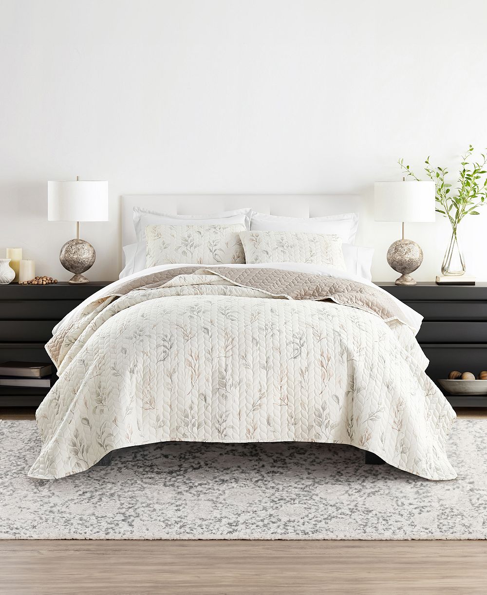 ienjoy Home Watercolor Leaves and Stripe Reversible 3-Pc. Lightweight Quilt Set, King/California King