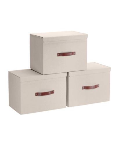 Ornavo Home 3 Pack Foldable Linen Storage Bin with Faux Leather Handles and Lid