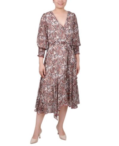 NY Collection Petite 3/4 Sleeve Belted Chiffon Handkerchief Hem Dress