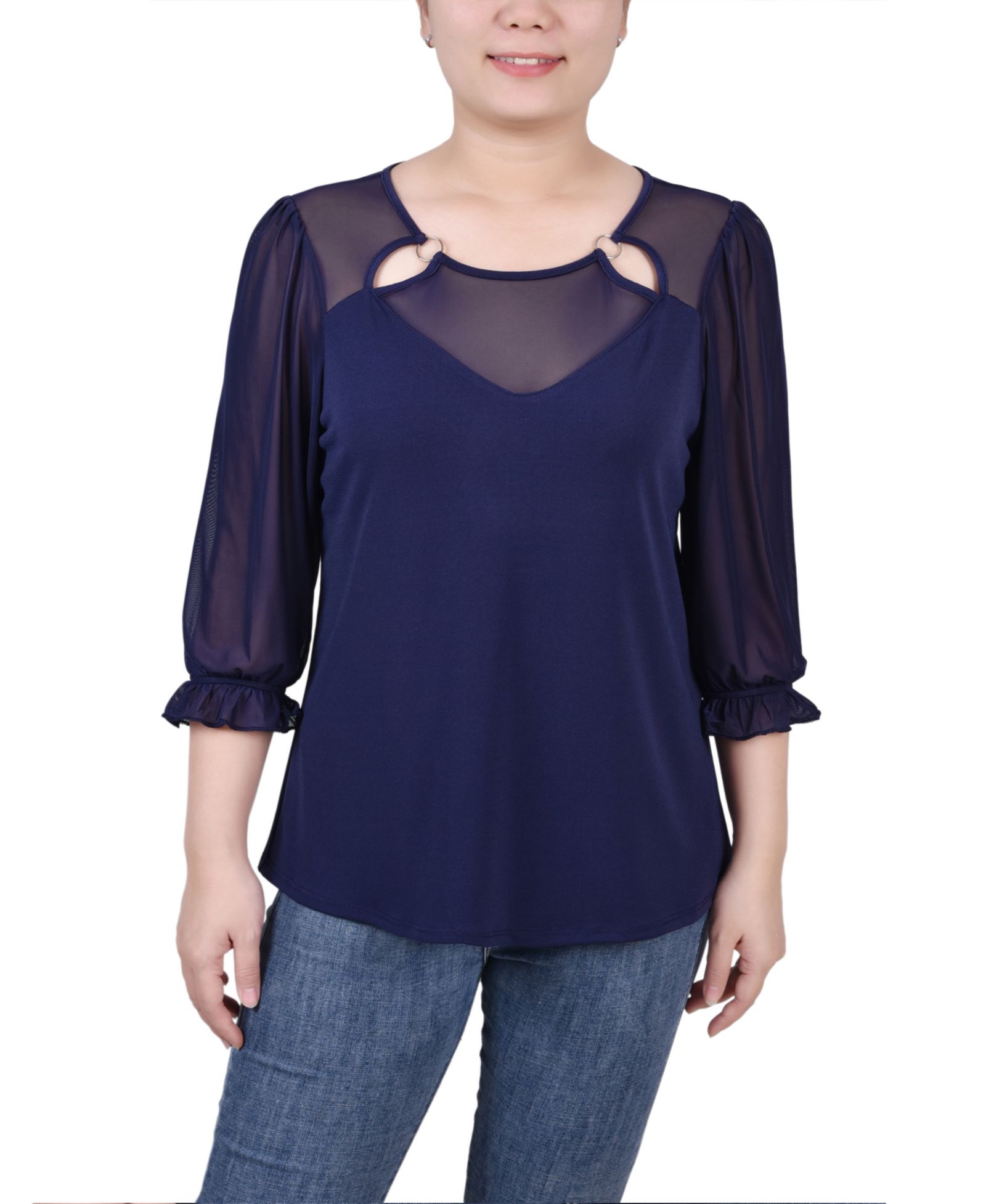 NY Collection топ Petite из сетки с кольцами, 3/4 рукав
