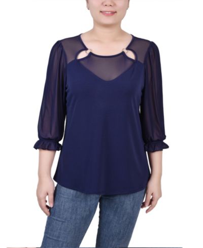 NY Collection топ Petite из сетки с кольцами, 3/4 рукав