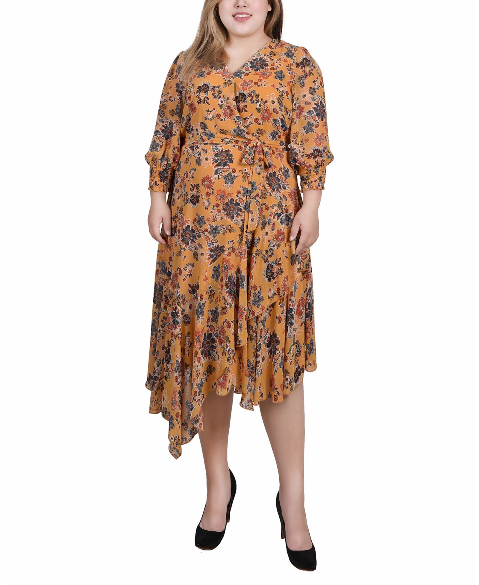 NY Collection Plus Size 3/4 Sleeve Belted Chiffon Handkerchief Hem Dress