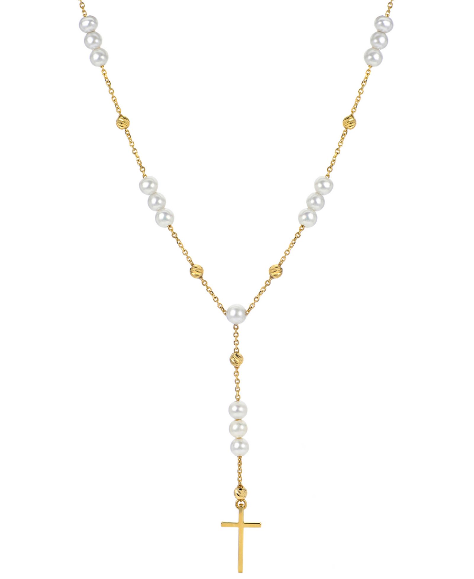 Ожерелье Lariat с натуральным речным жемчугом (4 - 4 1/2mm) и крестом, 18" в позолоченном стерлинговом серебре