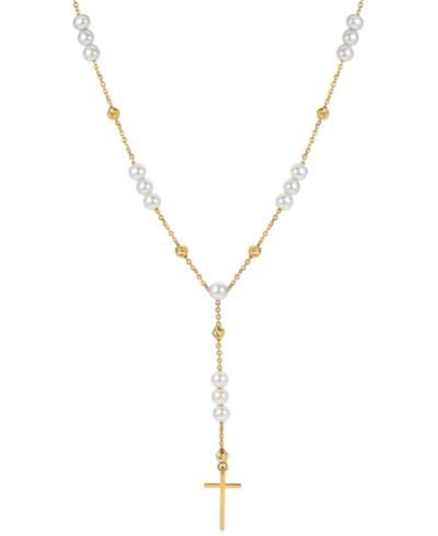 Ожерелье Lariat с натуральным речным жемчугом (4 - 4 1/2mm) и крестом, 18" в позолоченном стерлинговом серебре