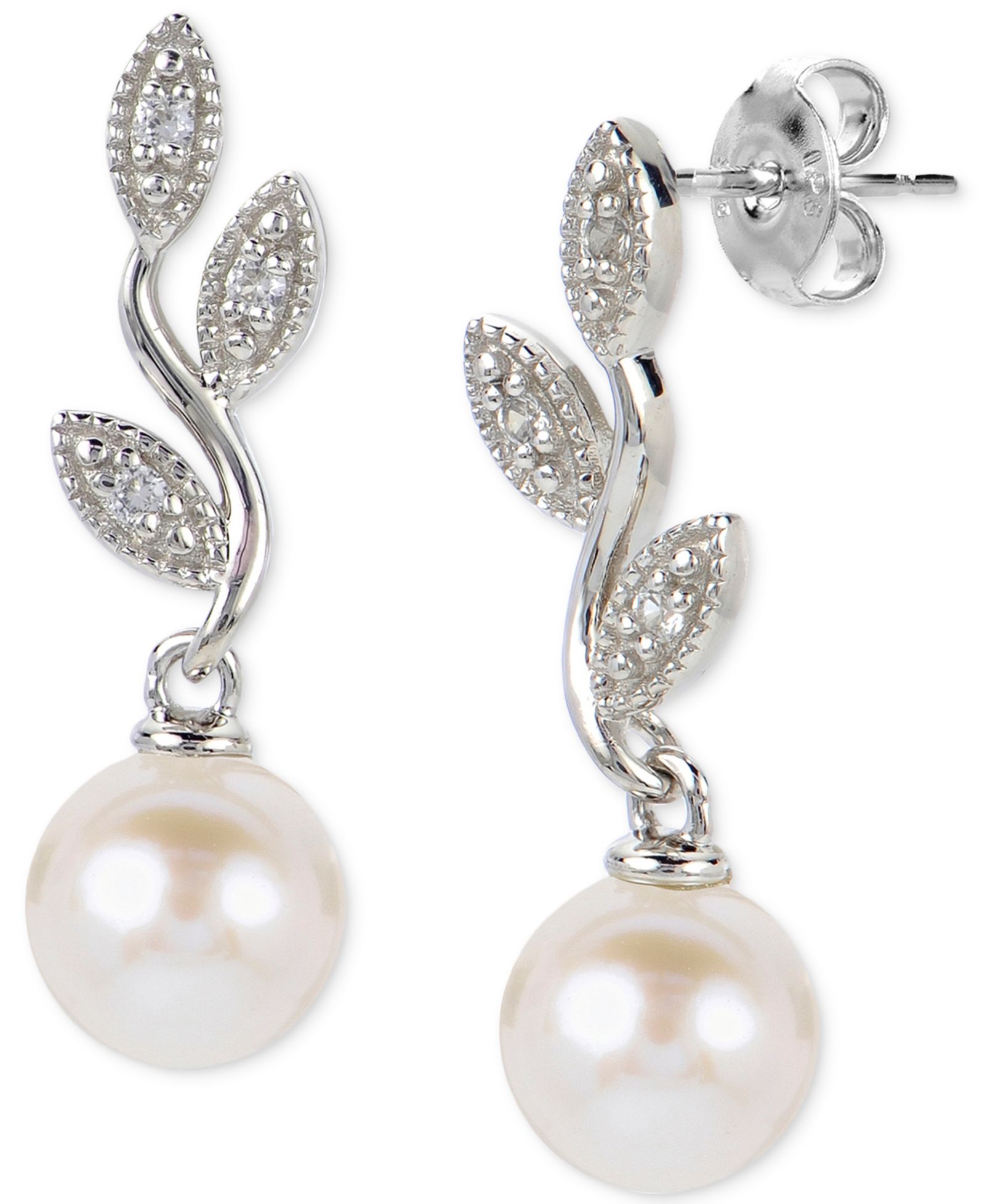 Cultured Freshwater Pearl (6 1/2mm) & Lab-Created White Sapphire (1/10 ct. t.w.) Vine Drop Earrings in Sterling Silver