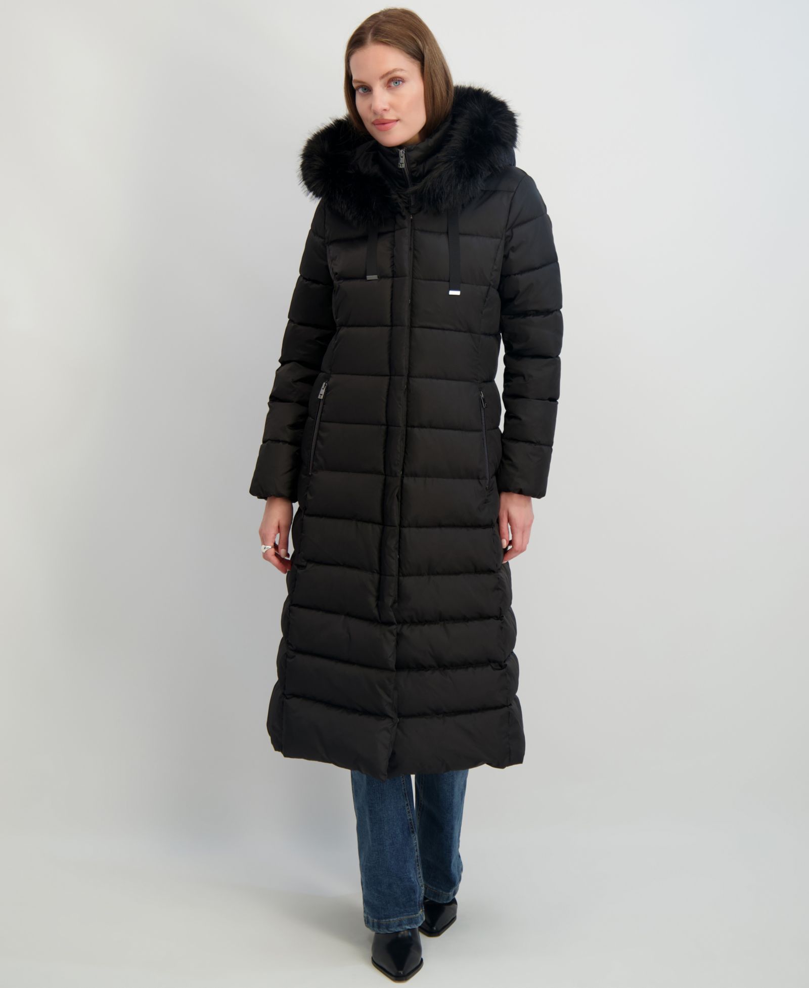Tahari Womens Maxi Shine Bibbed Faux-Fur-Trimmed Hooded Puffer Coat