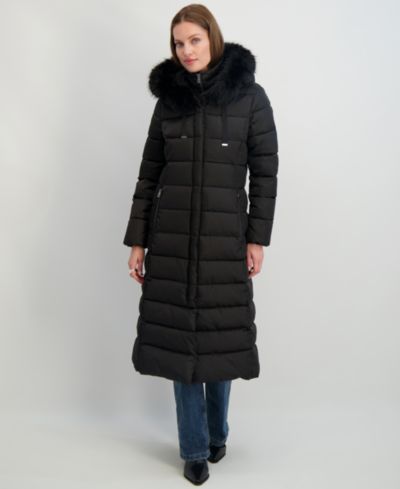 Tahari Womens Maxi Shine Bibbed Faux-Fur-Trimmed Hooded Puffer Coat