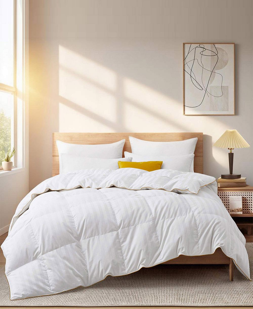 UNIKOME одеяло UNIKOME 500 Thread Count Cotton Fabric All Season Classic Stripped White Goose Down Fiber, King
