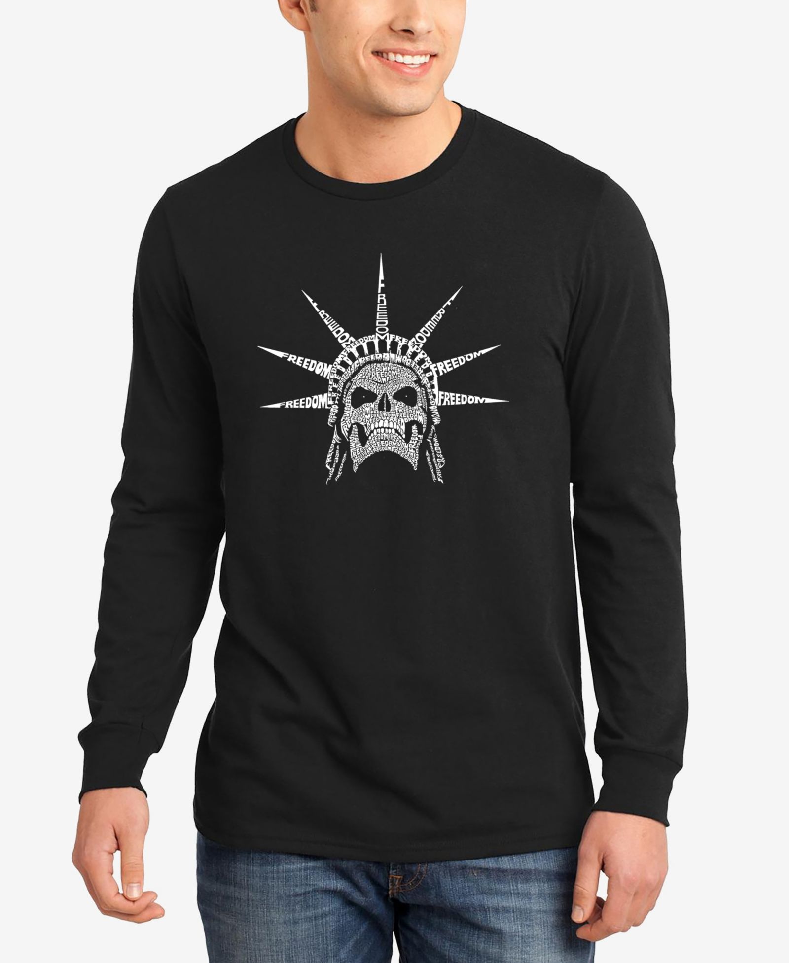 LA Pop Art Men's Freedom Skull Word Art Long Sleeve T-shirt