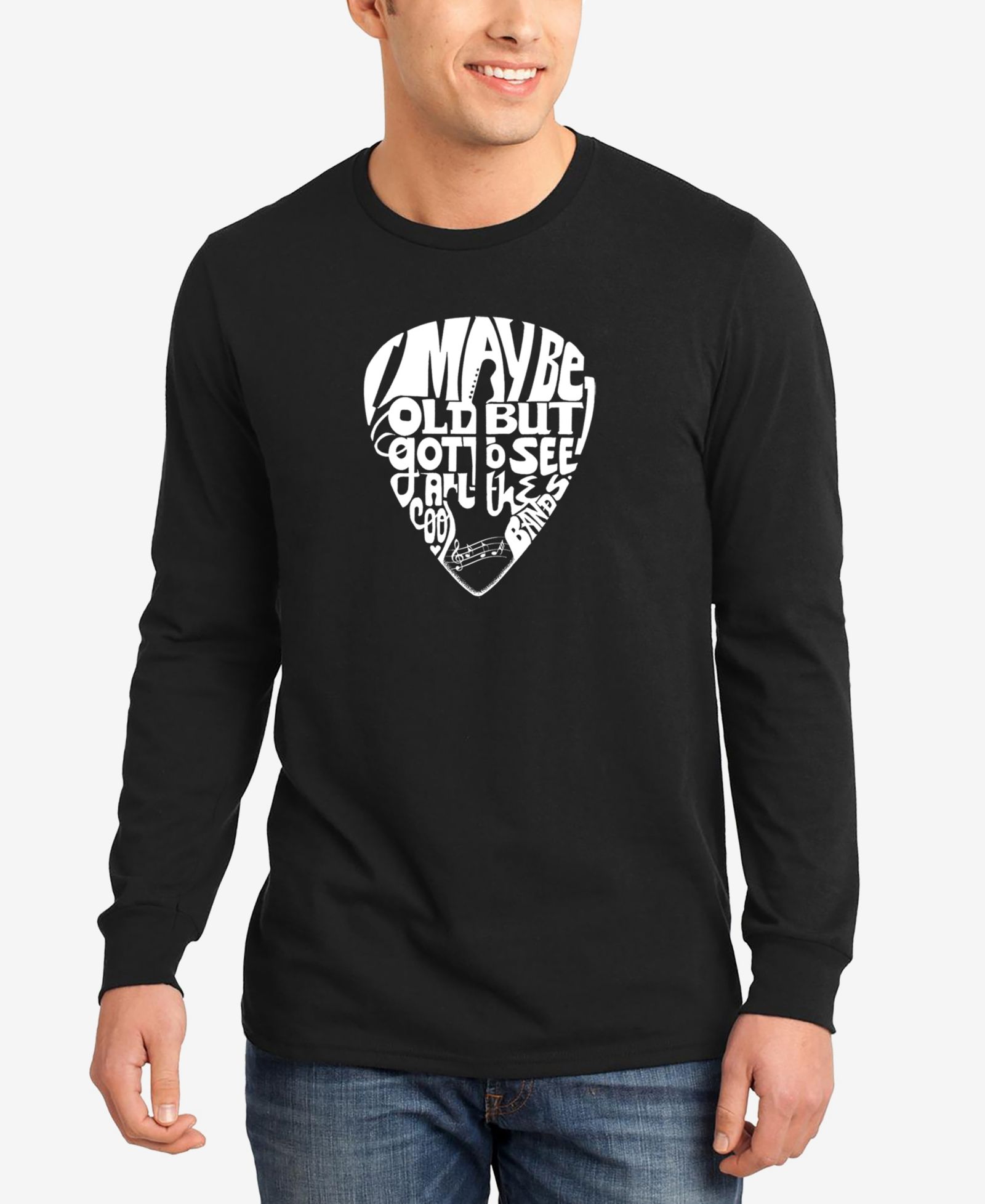 LA Pop Art Men's Guitar Pick Word Art Long Sleeve T-shirt