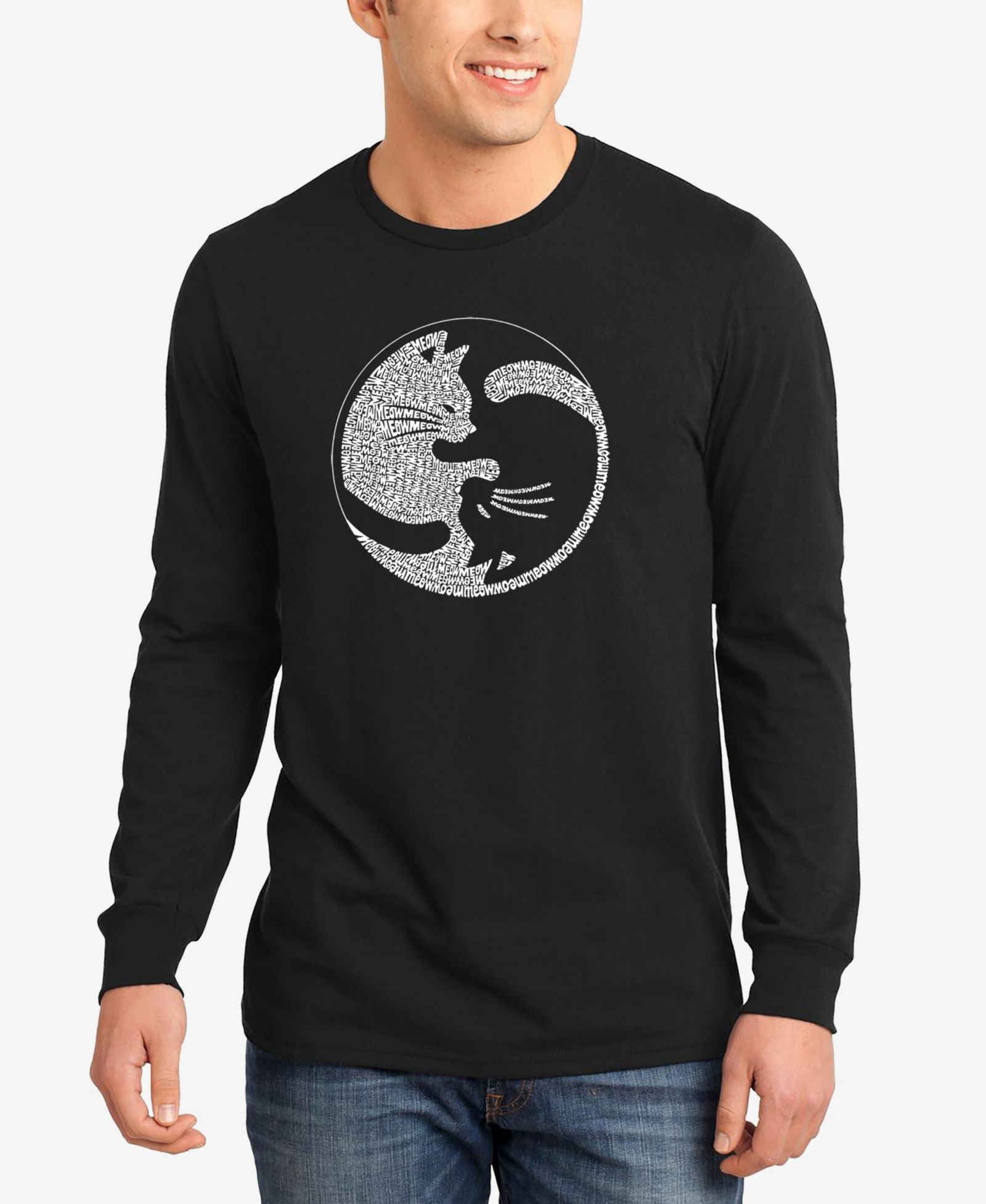 LA Pop Art Men's Yin Yang Cat Word Art Long Sleeve T-shirt