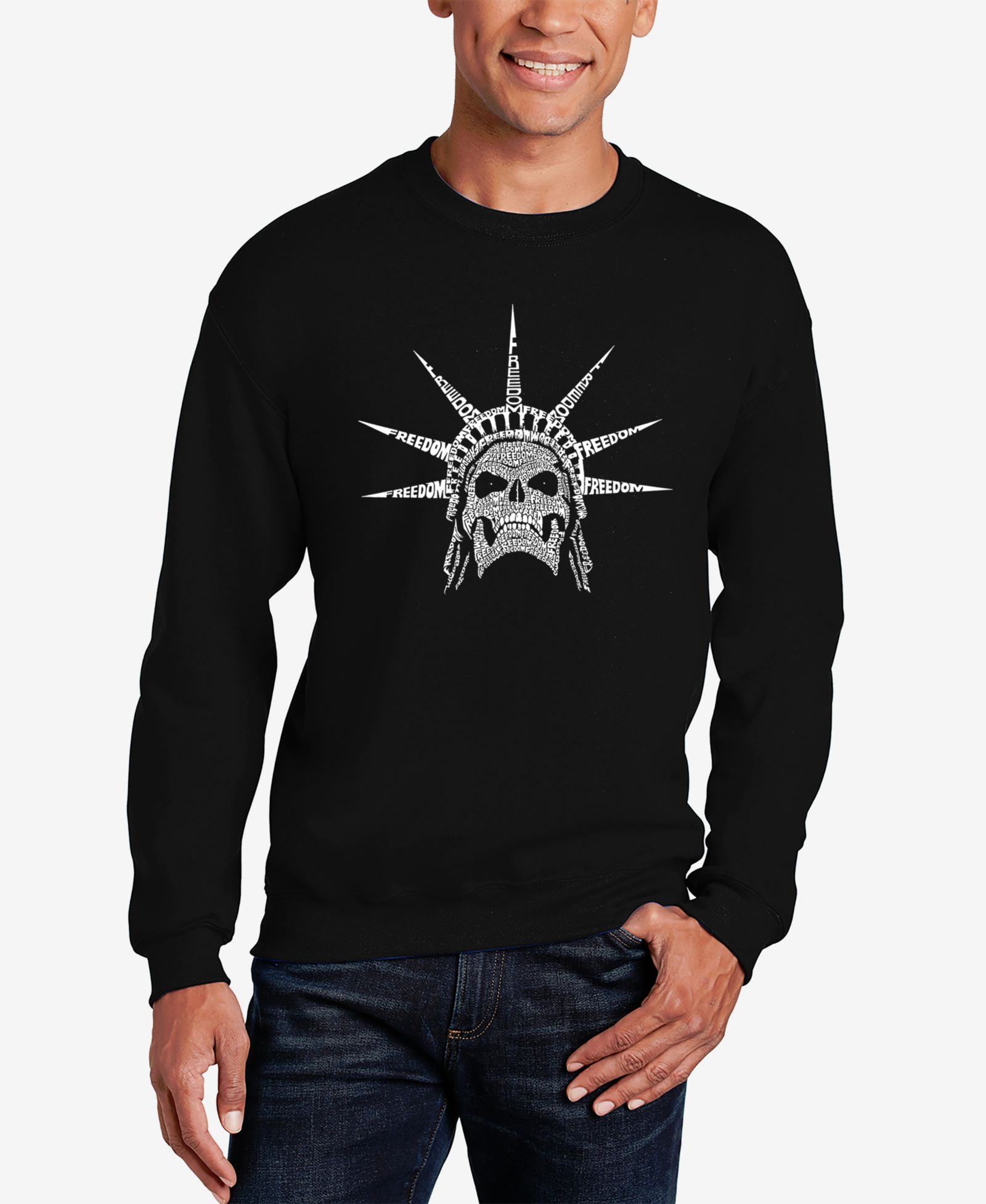 LA Pop Art Men's Word Art Crewneck Freedom Skull Sweatshirt