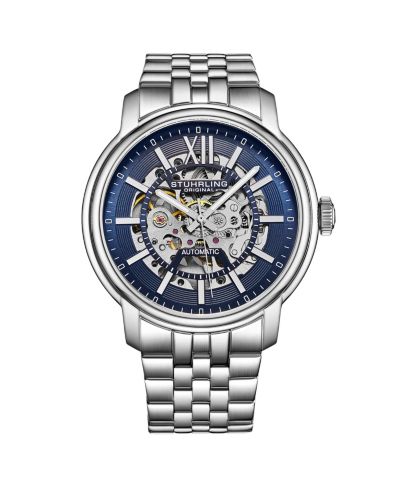Stuhrling Atrium 4031 Men s Automatic Skeleton Watch - 42mm, Silver-Tone Case and Bracelet, Blue Skeleton Dial with Silver Accents