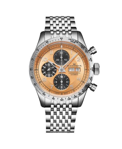 Alexander Megalos Мужские швейцарские автоматические хронографы 43mm, серебристый корпус из нержавеющей стали, шампань циферблат, сапфировое стекло, водонепроницаемость 100M