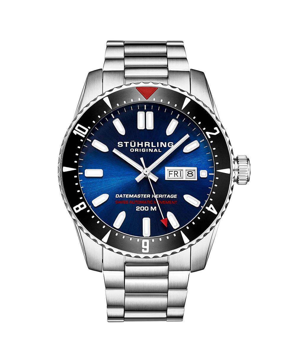 Stuhrling Men s Aquadiver 44mm Swiss Automatic Diver Watch, Blue Dial, Stainless Steel Bracelet, Day-Date, 200M Water Resistant