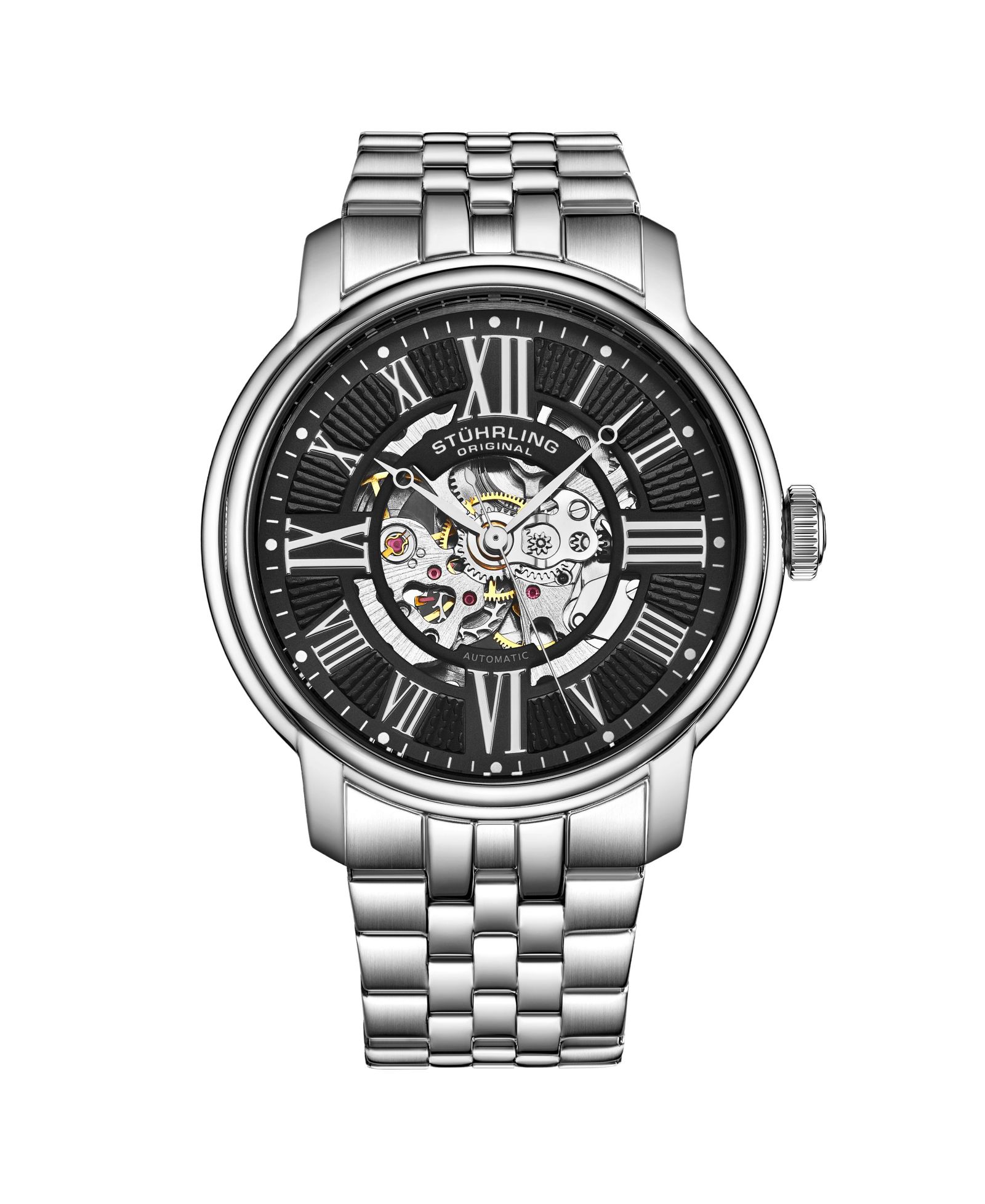 Stuhrling Atrium 4031 Men s Automatic Skeleton Watch - 42mm, Silver-Tone Case & Bracelet, Blue Skeleton Dial with Silver Accents