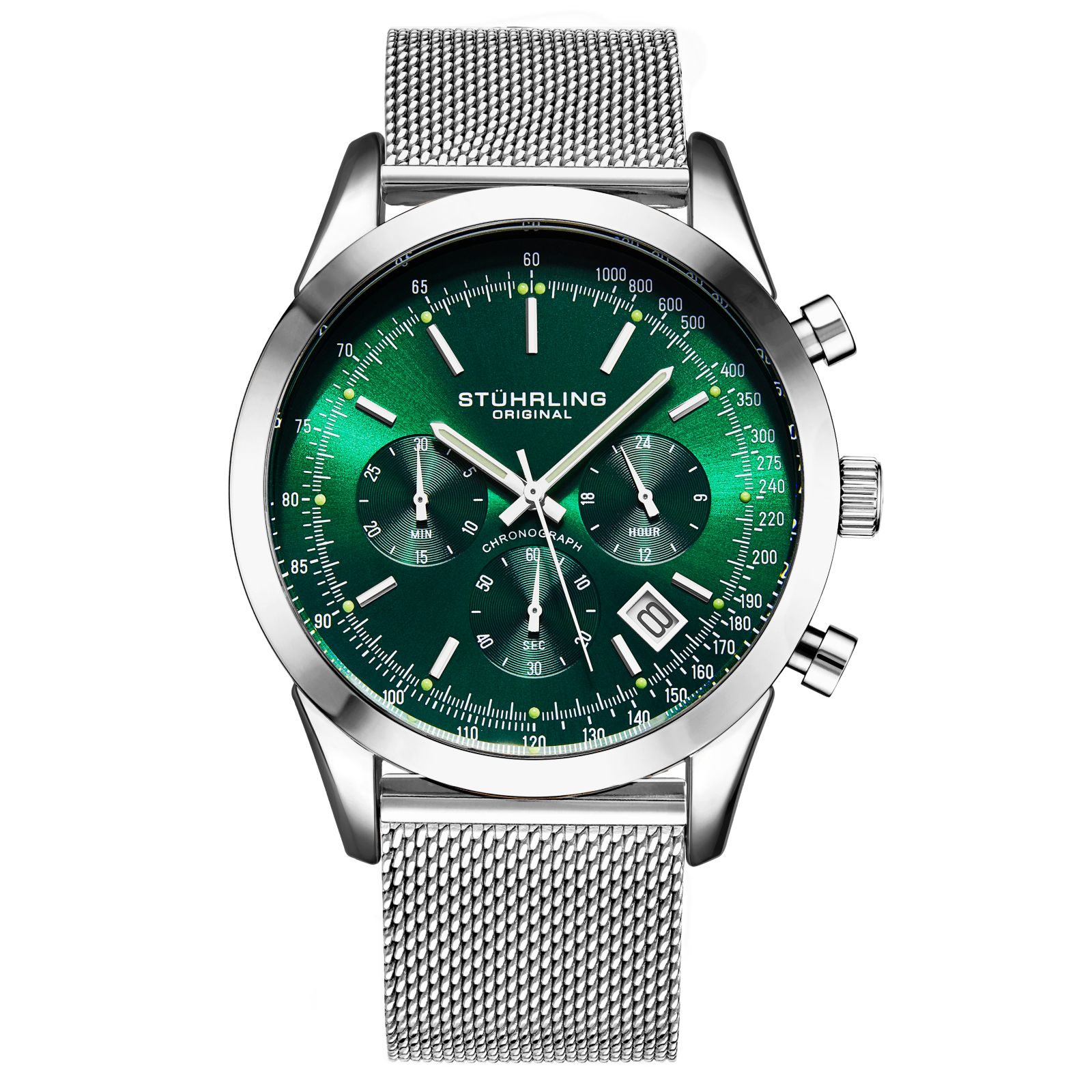 Stuhrling Rialto 3975.9 Men s Chronograph Watch - Quartz Movement, 44mm Silver-Tone Case, Green Dial, Stainless Steel Mesh Bracelet