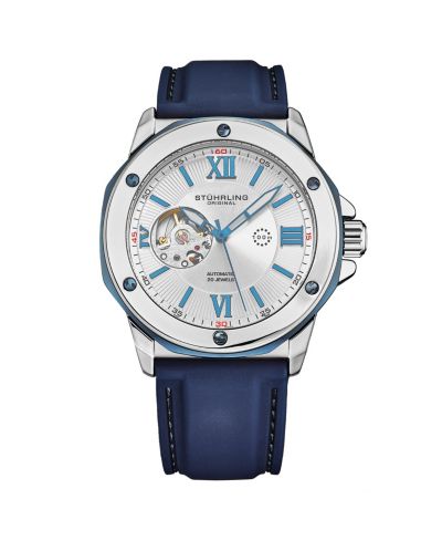 Мужские автоматические скелетон-часы Stuhrling Edwardian 4018 44mm Stainless Steel Silicone Strap