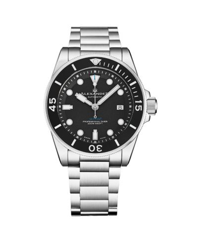 Alexander Vathos Мужские водонепроницаемые часы Diver 43mm в корпусе из нержавеющей стали с черным циферблатом и сапфировым стеклом