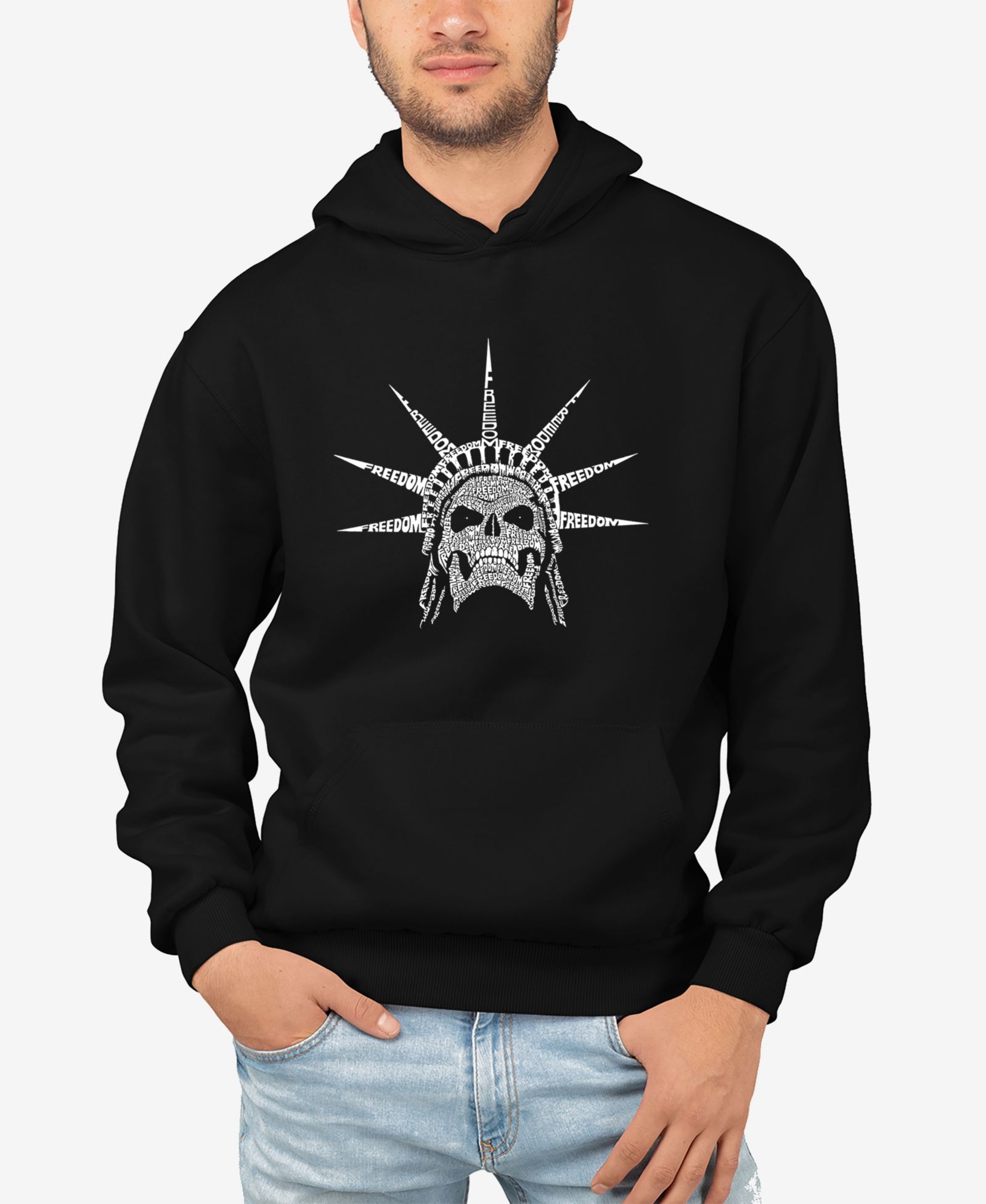 LA Pop Art Men's Freedom Skull Word Art Long Sleeve Hooded Sweatshirt