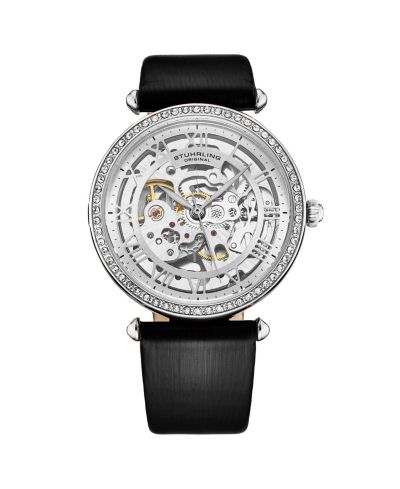 Stuhrling Женские часы Legacy Black Leather, серебристый циферблат, 45mm круглые