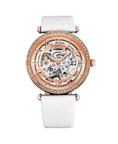 Женские часы Stuhrling Legacy с белым кожаным ремешком и двухцветным циферблатом Rose-Gold, 45mm Round