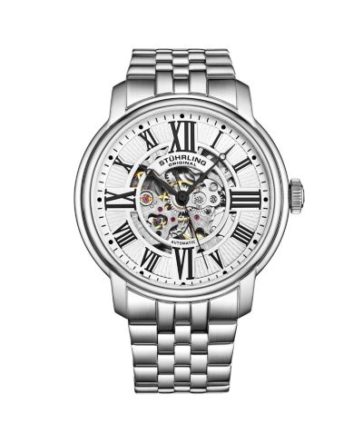 Stuhrling Atrium 4031 Мужские автоматические скелетные часы – 42mm, Silver-Tone Case & Bracelet, Blue Skeleton Dial