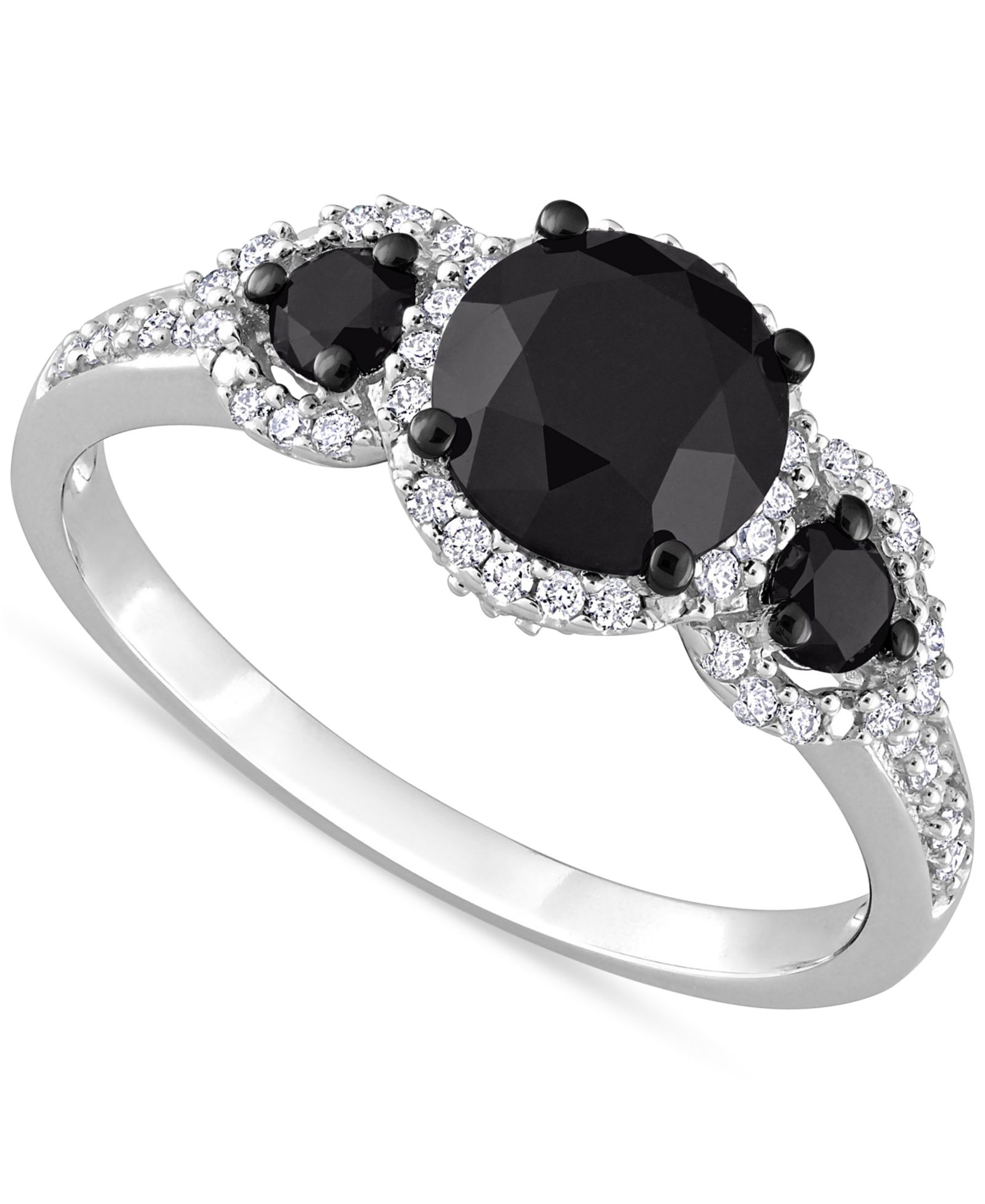 Помол engagement ring Black Diamond (1-3/4 ct. t.w.) White Diamond (1/4 ct. t.w.) 3-Stone Halo in 14k White Gold