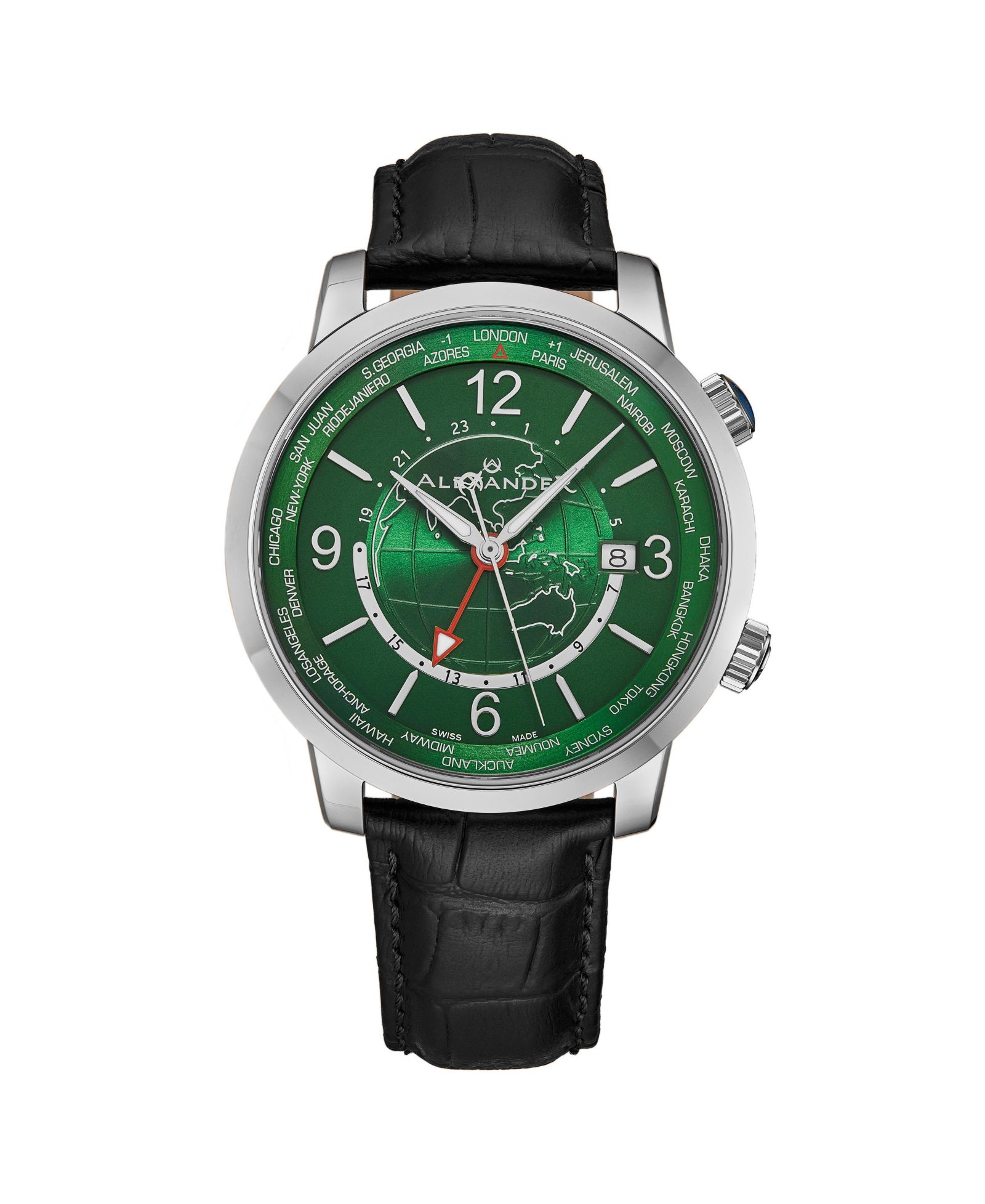 Alexander Journeyman 2 Men s Swiss Made Quartz Watch Green Dial Stainless Steel Case Black Leather Strap Sapphire Crystal 42mm 50M Water Resistant