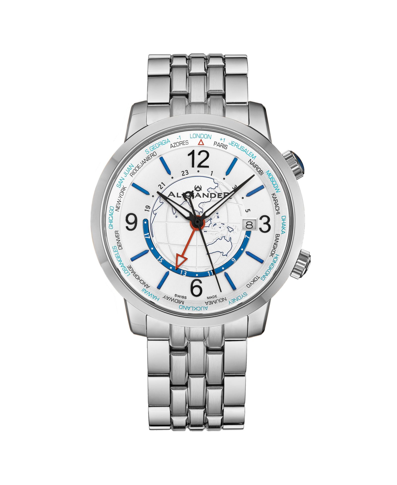 Alexander Journeyman 2 Men s Swiss Made Quartz Watch Silver Dial Stainless Steel Case and Bracelet Sapphire Crystal 42mm Round 50M Water Resistant