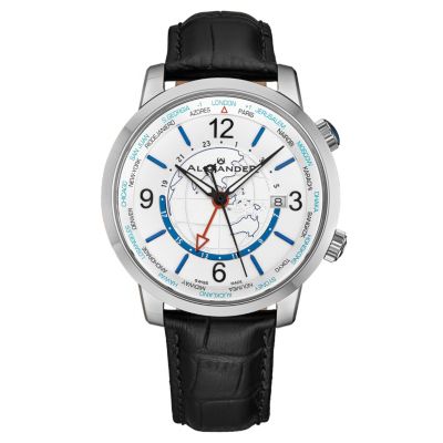 Alexander Мужские часы Journeyman 2 Black Leather с серебристым циферблатом, круглые, 40mm
