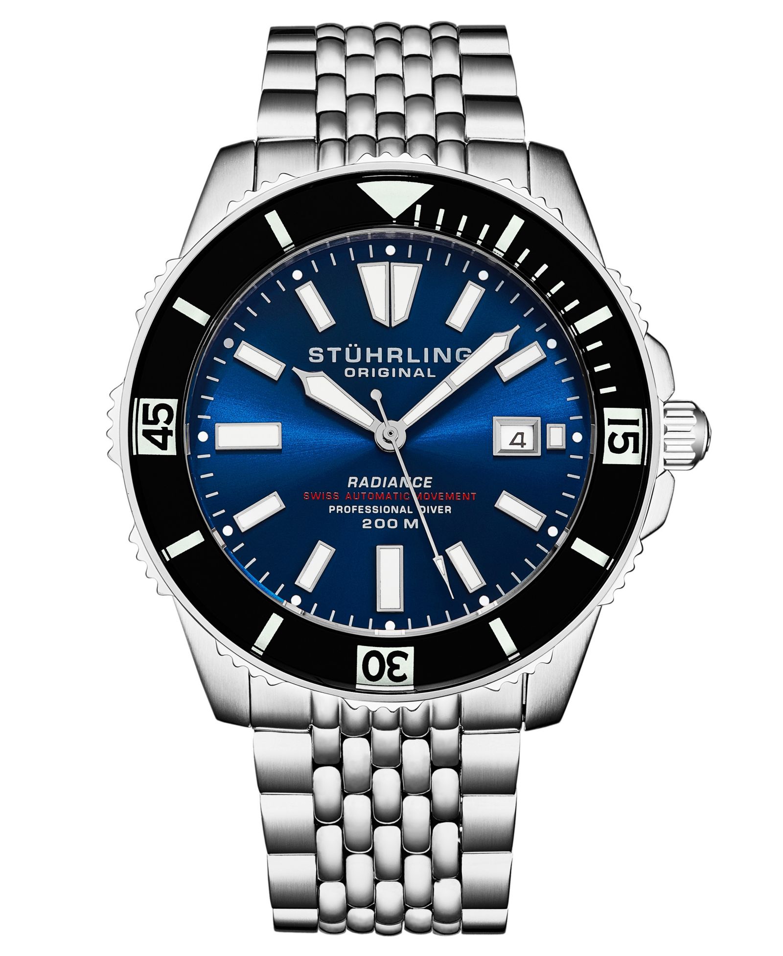 Stuhrling мужские швейцарские автоматические дайверские часы Radiance Heritage 1006, 43 мм, черный циферблат и безель, браслет в стиле Oyster, прозрачная задняя крышка, водонепроницаемость 200M