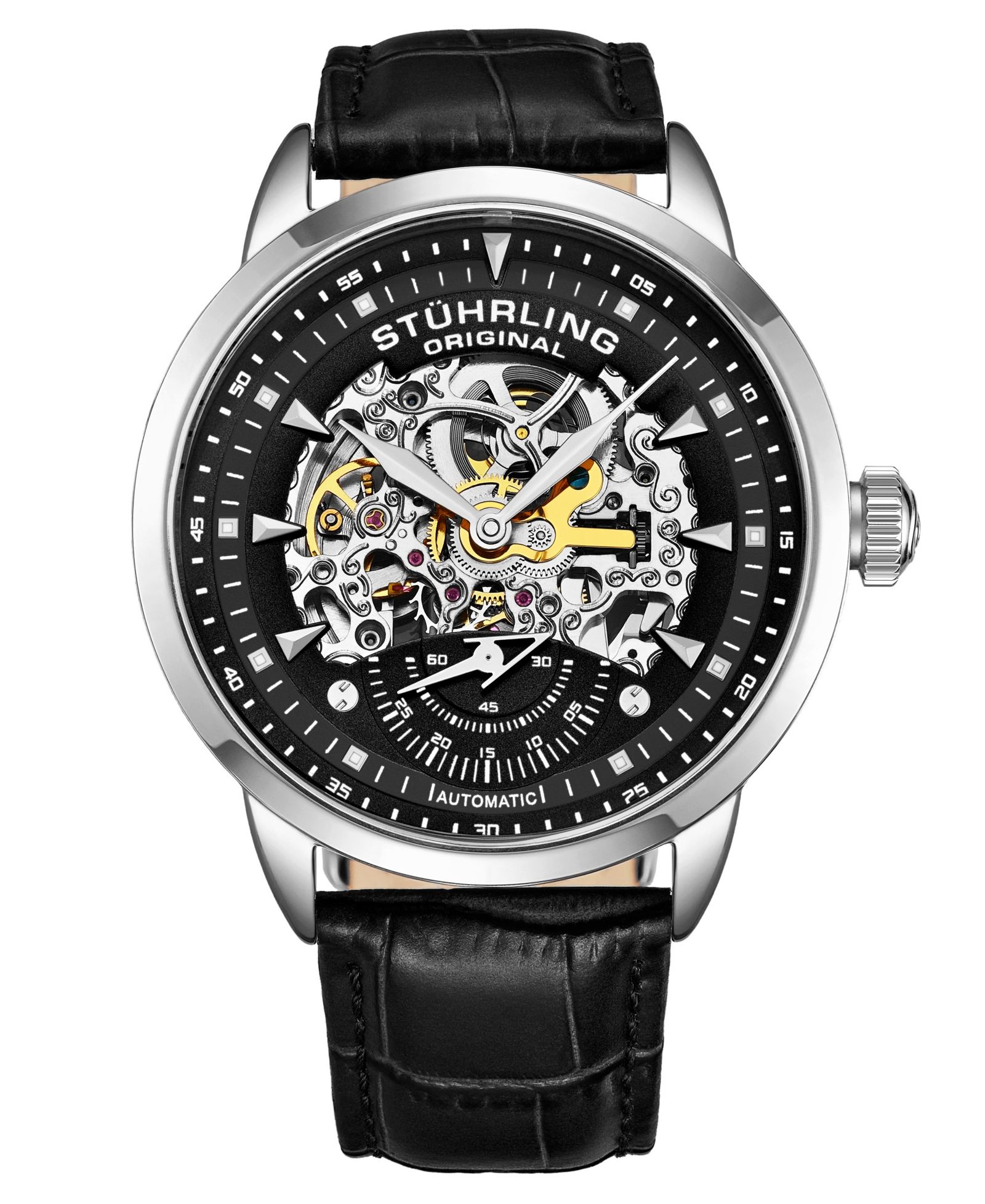 Stuhrling Men's Legacy Black Leather, Black Dial, 44mm Round Watch